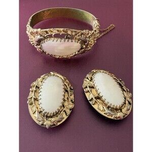Vintage WHITING & DAVIS Art Nouveau Style Bracelet And Earrings Mother Of Pearl